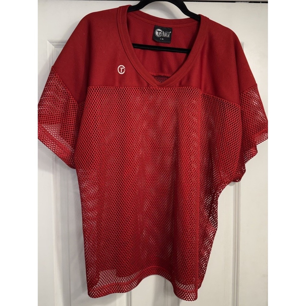 Vtg Mesh Practice Shirt Mens Large XL Red‎ Athletic V-Neck Jersey Top Tag Flaw